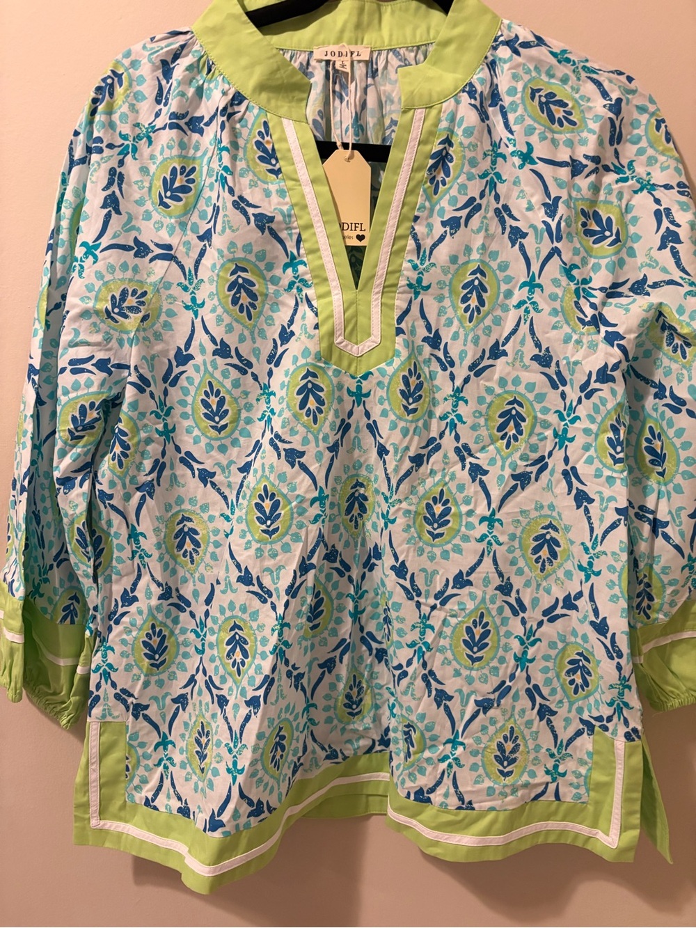 JODIFL NWT Blue & Lime Leaf-Print Tunic Top